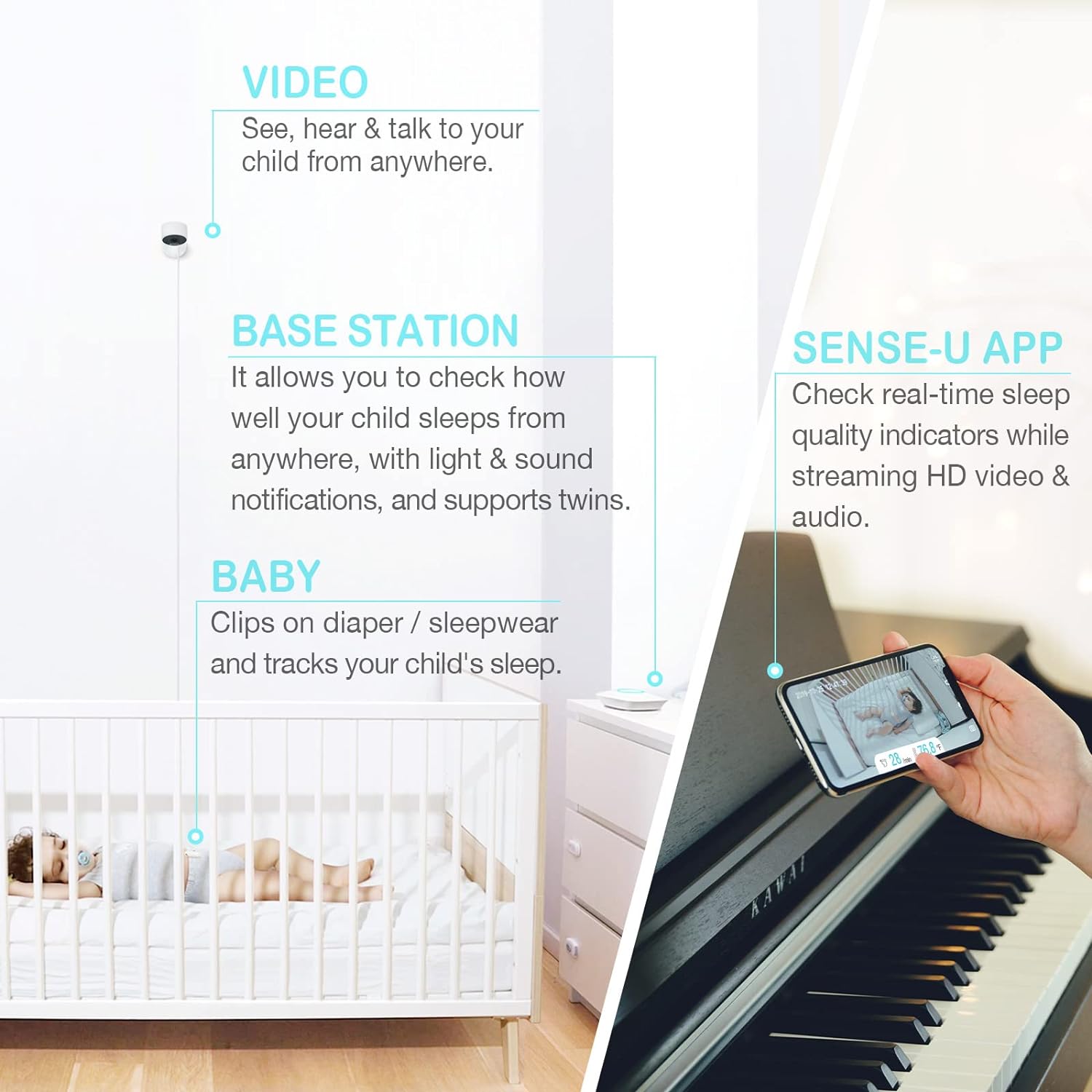 Sense-U Smart Baby Monitor 3+Camera, Audio, Video Baby Monitor That Notifies You for No Abdominal Movement, Rollover, High/Low Temperatures, Detected Motion, with Night Vision, 2-Way Talk, Long Range - Image 6